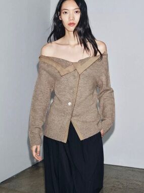 Zara Grunge Off the Shoulder Oatmeal Cardigan Knit Distressed Hem Wool Blend